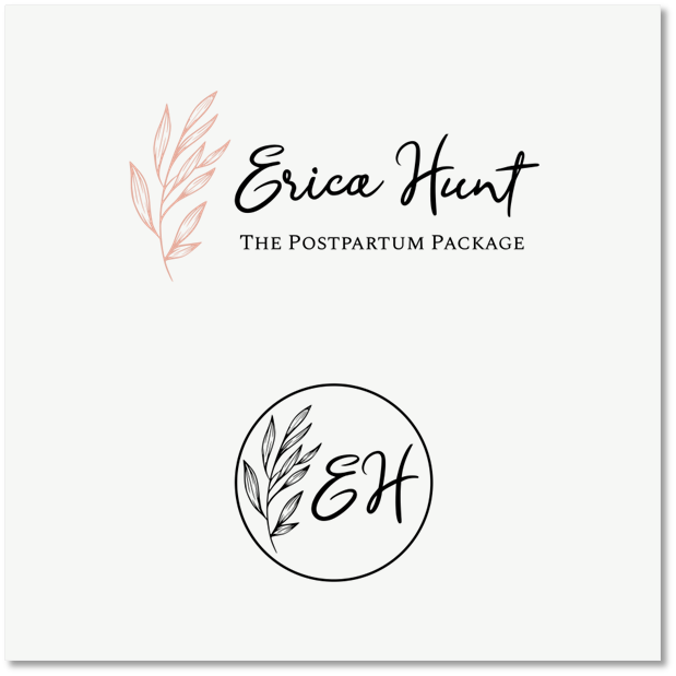 logo with cursive font, serif font, and a pink plant graphic