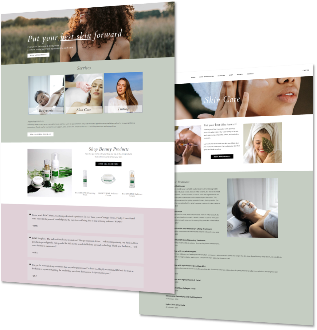 professional, feminine spa website with pink and green
